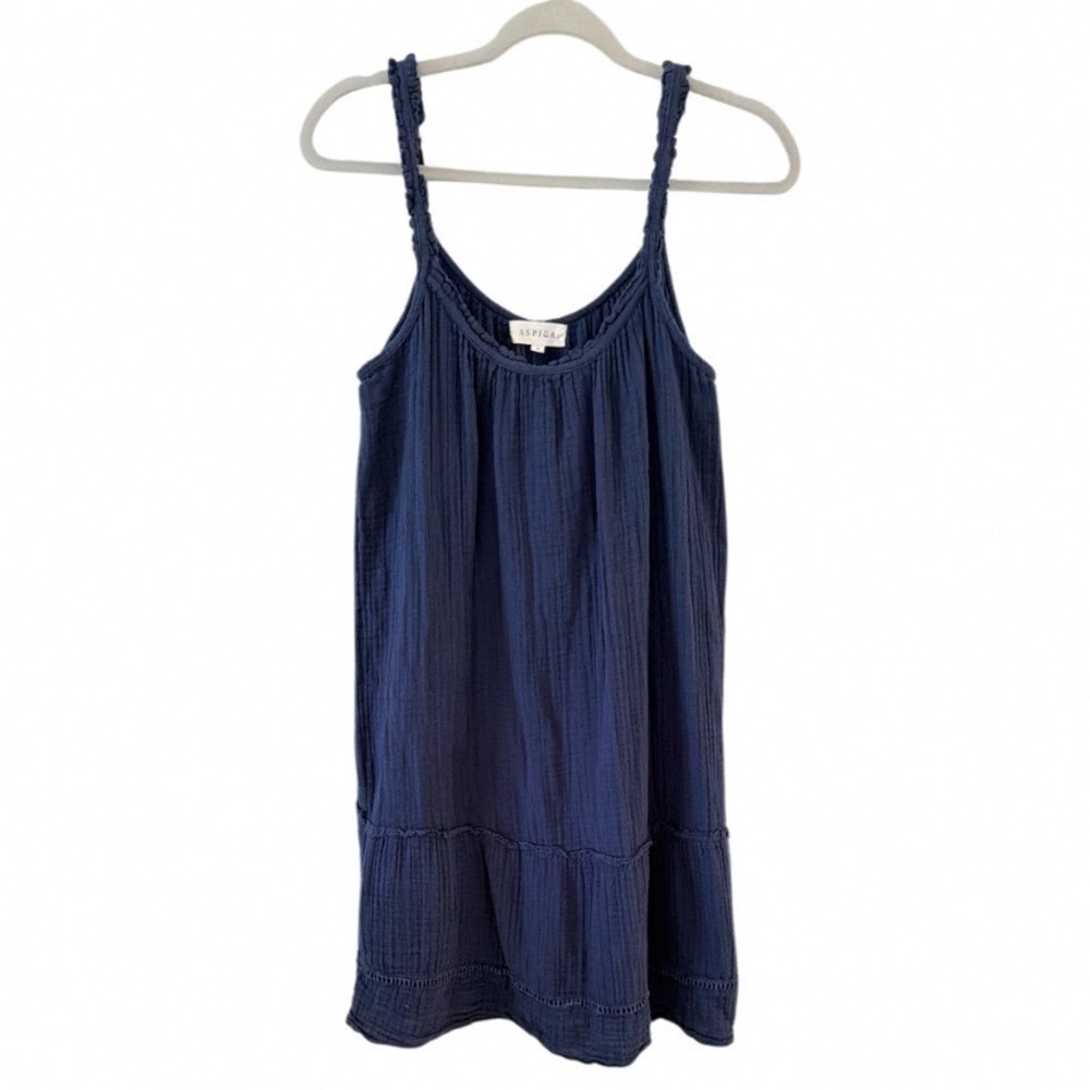Aspiga Navy Blue Organic Cotton Gauze Mini Dress Adjustable‎ Ruffle Straps Small